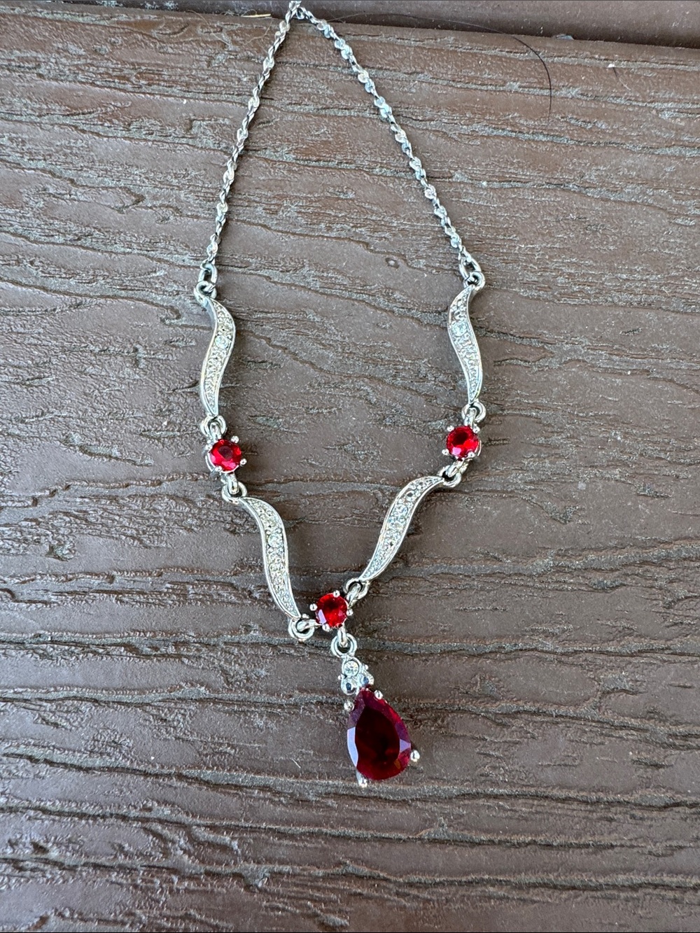 Silver-Tone Necklace and Earrings Set with Red Teardrop Stones